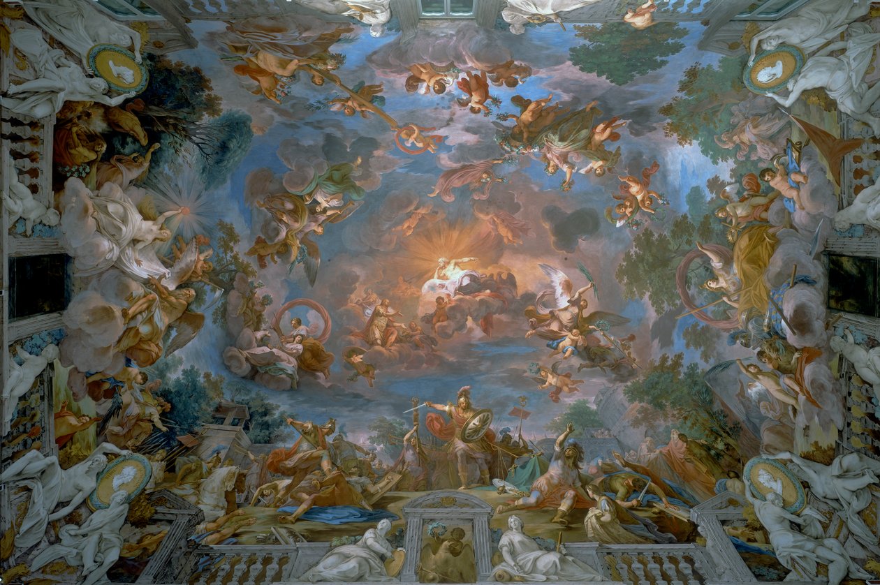 Camillus megszegi a Brennóval kötött szerződést és a dicsőség allegóriái, az előcsarnok mennyezete, Galleria Borghese alkotó: Mariano Rossi