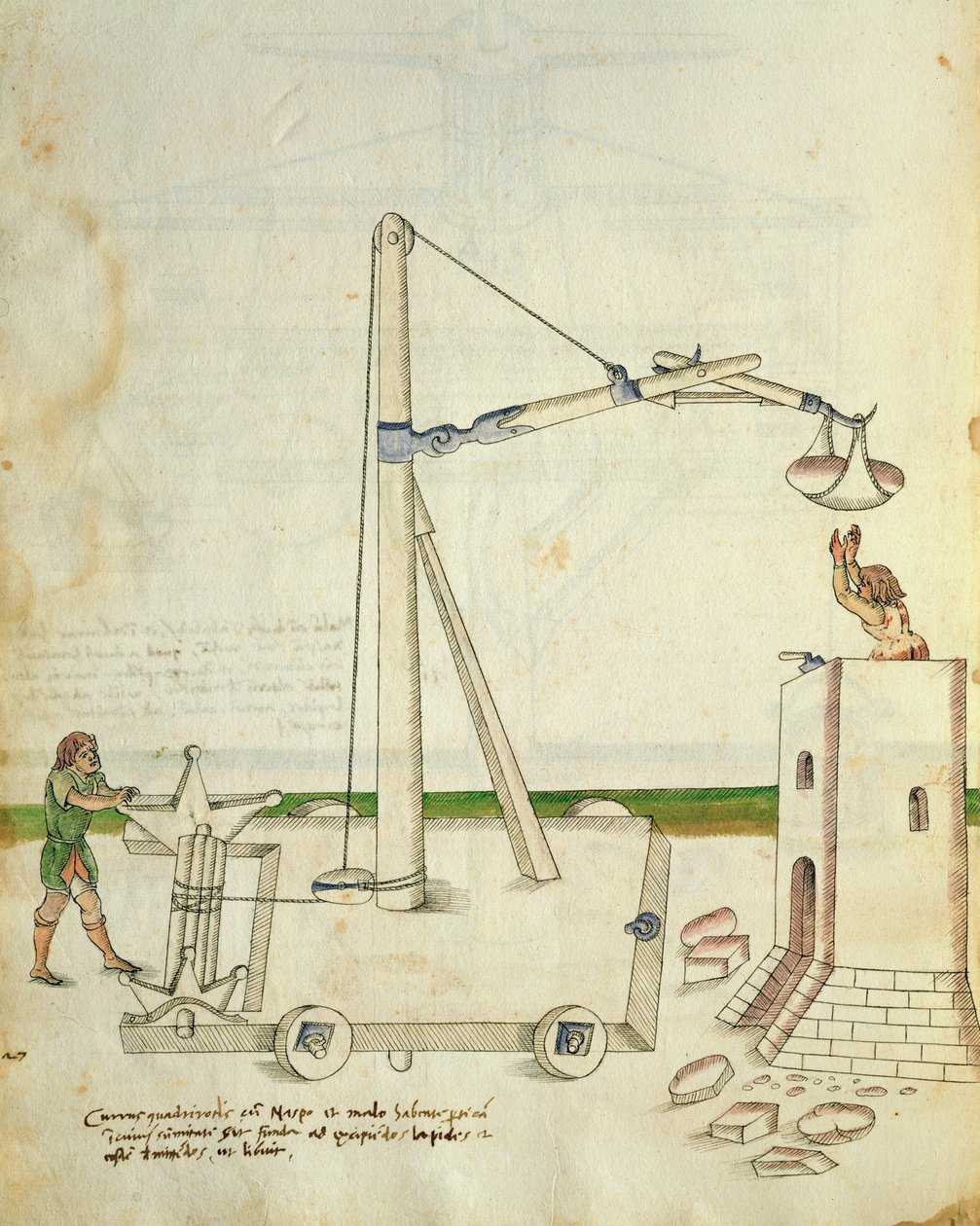 Egy toronyépítéshez használt daru terve, illusztráció a "De Machinis"-ból (toll és tinta, wc, papír) alkotó: Mariano di Jacopo