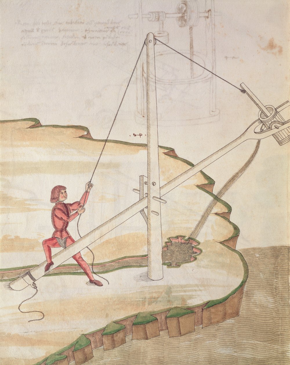 A vízellátás módszerének rajza, a „De Machinis” illusztrációja (toll, tinta és WC papíron) alkotó: Mariano di Jacopo
