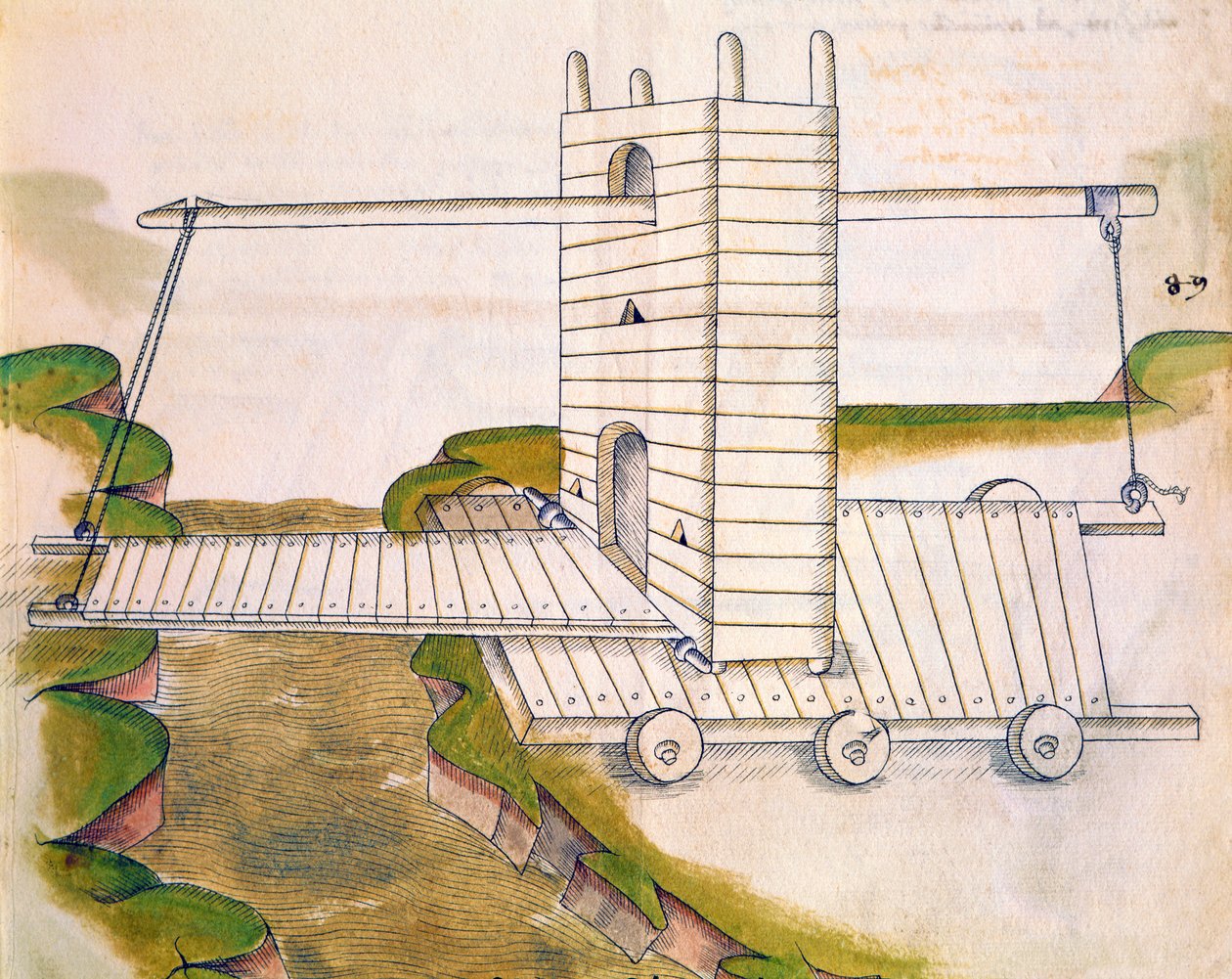 Tervezés egy kerekeken felvonóhíddal ellátott géphez hadviselésben vagy ostromban, illusztráció a De Machinis-tól (toll, tinta és WC papíron) alkotó: Mariano di Jacopo 1382 c.1453 after Mariano di Jacopo 1382 c.1453 after