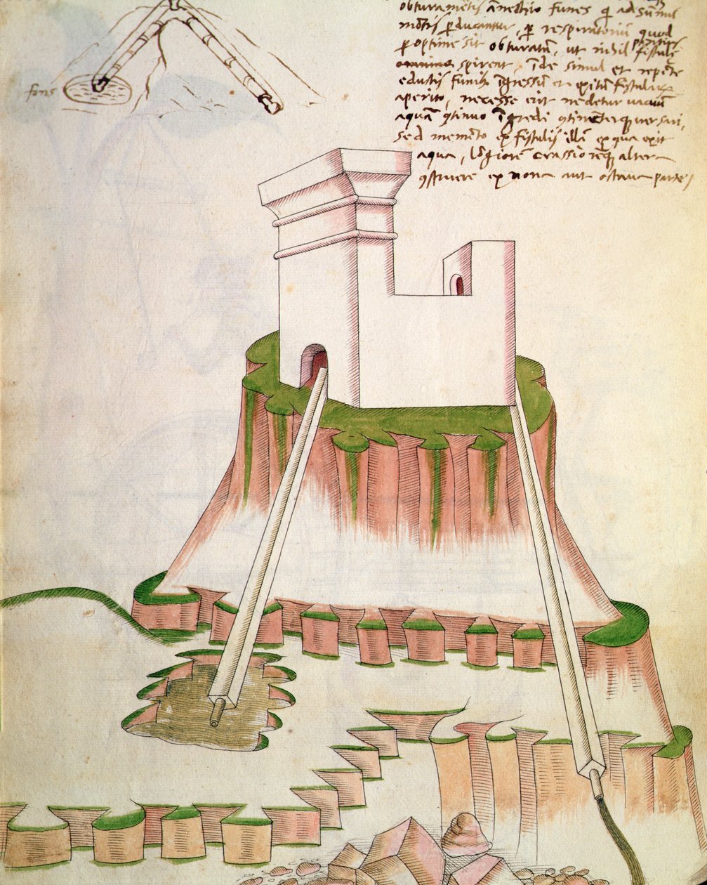 Tervezés épületek vízellátására kutakból vizet szívó csövek segítségével, De Machinis illusztrációja (toll, tinta és WC papíron) alkotó: Mariano di Jacopo 1382 c.1453 after Mariano di Jacopo 1382 c.1453 after