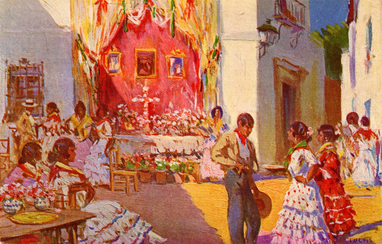 Utcai oltár a la Cruz de Mayo fesztiválra. Sevilla, Spanyolország (illusztráció) alkotó: Mariano Bertuchi