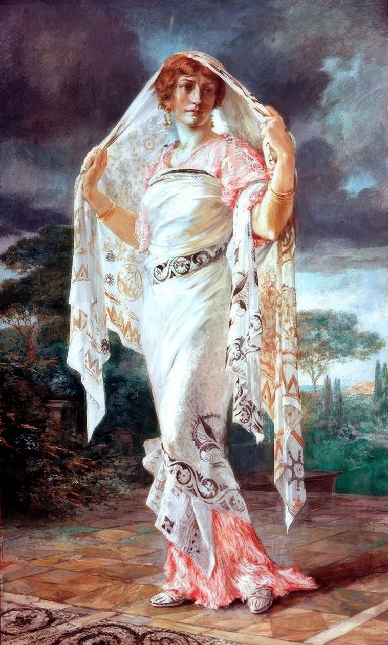 Henriette Fortuny portréja pompeji ruhában alkotó: Mariano Fortuny y Madrazo