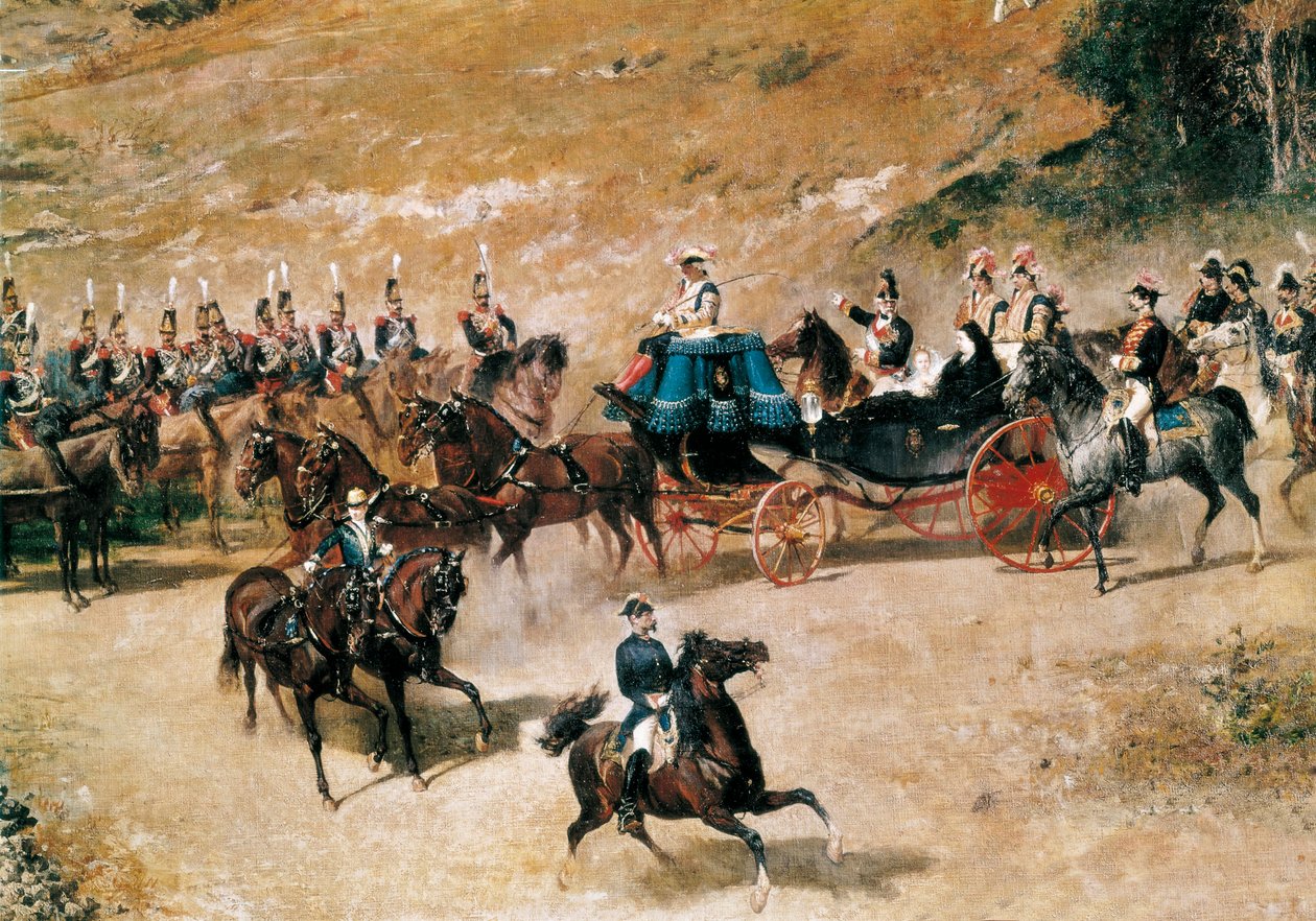 María Cristina királynő és lánya, II. Isabel, a Madridot 1837-ben védő tüzérségi ütegek áttekintése, részlet, kb. 1866 (olaj, vászon) alkotó: Mariano José María Bernardo Fortuny y Carbó