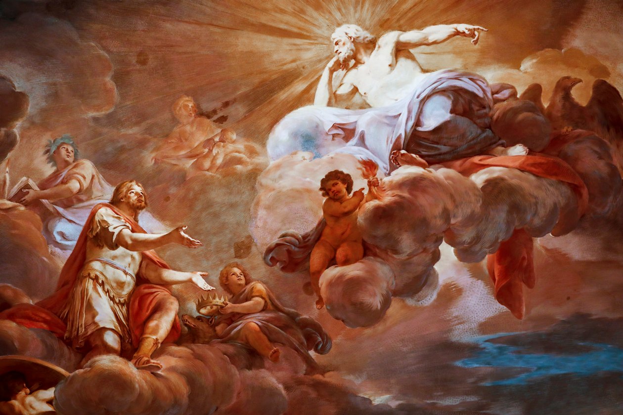Jupiter fogadja Romulust az Olimposzban. Részlet a „Romulus apoteózisáról” 1775 -1779, freskó alkotó: Mariano Rossi