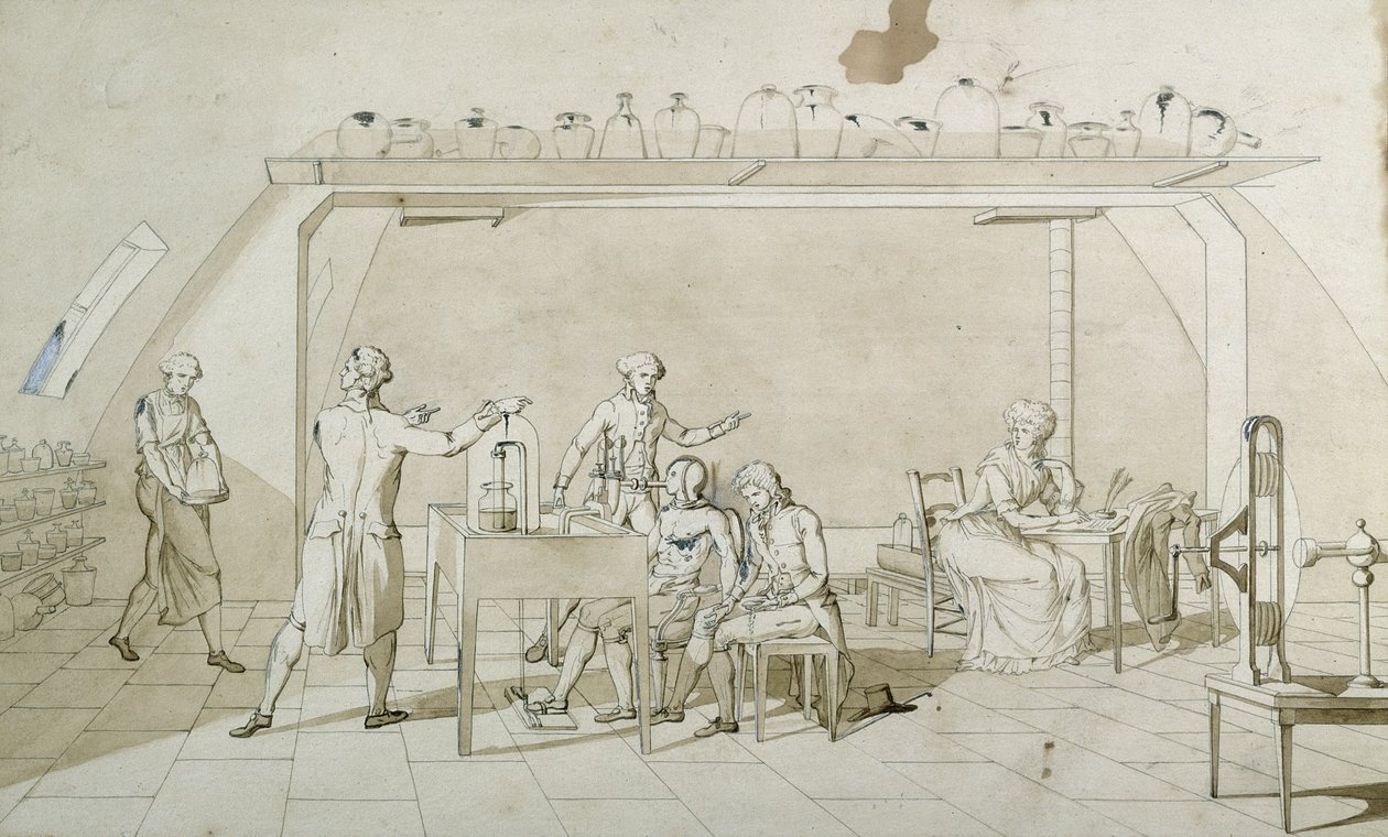 Antoine Lavoisier (1743-94) és kísérletei a légzéssel (toll, tinta és szépia mosás papíron) alkotó: Marie Anne Pierrette Lavoisier