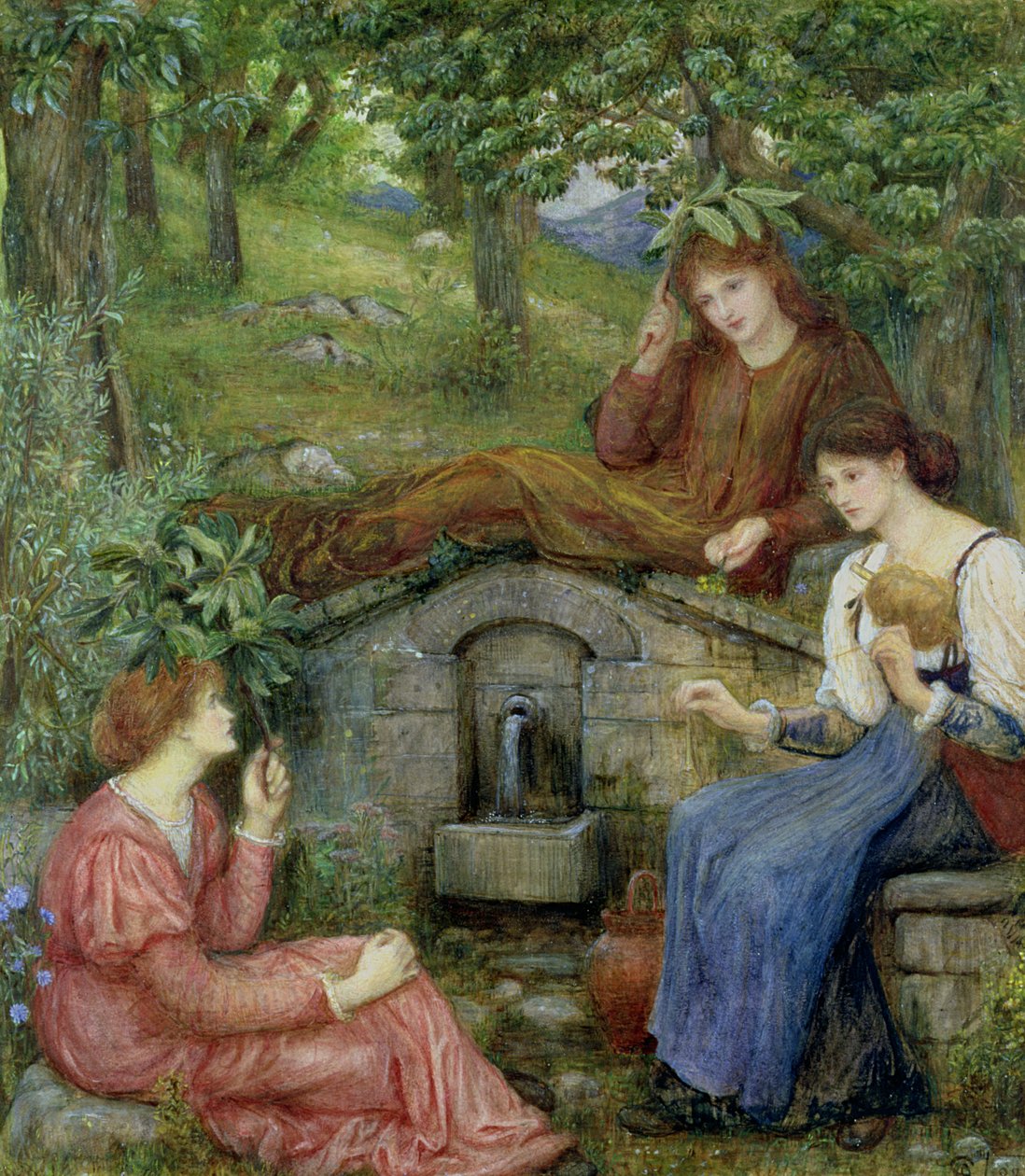 Egy tiszta kútnál, kis mezővel, 1883 (wc és gouache papíron) alkotó: Marie Spartali Stillman