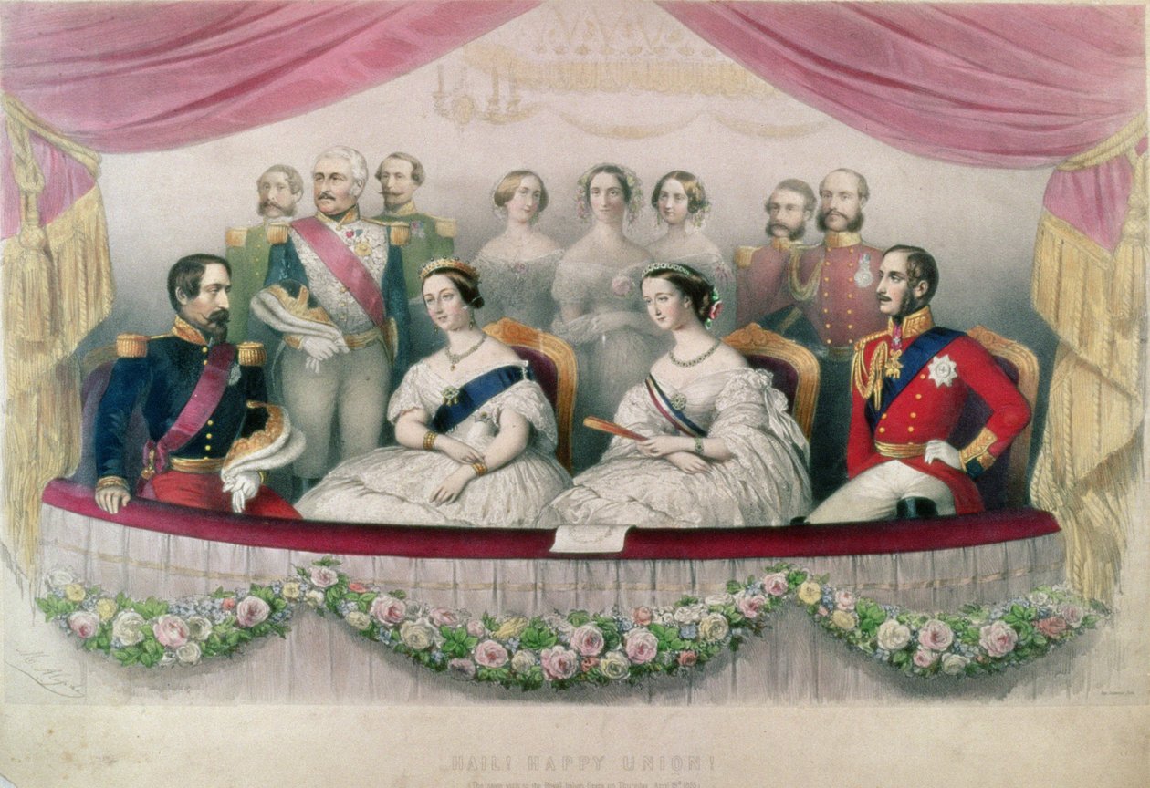Üdvözlöm a Boldog Uniót, Viktória királynő, Albert herceg és a császár és a francia császárné állami látogatása az Olasz Királyi Operában, 1855 alkotó: Marie Alexandre Alophe