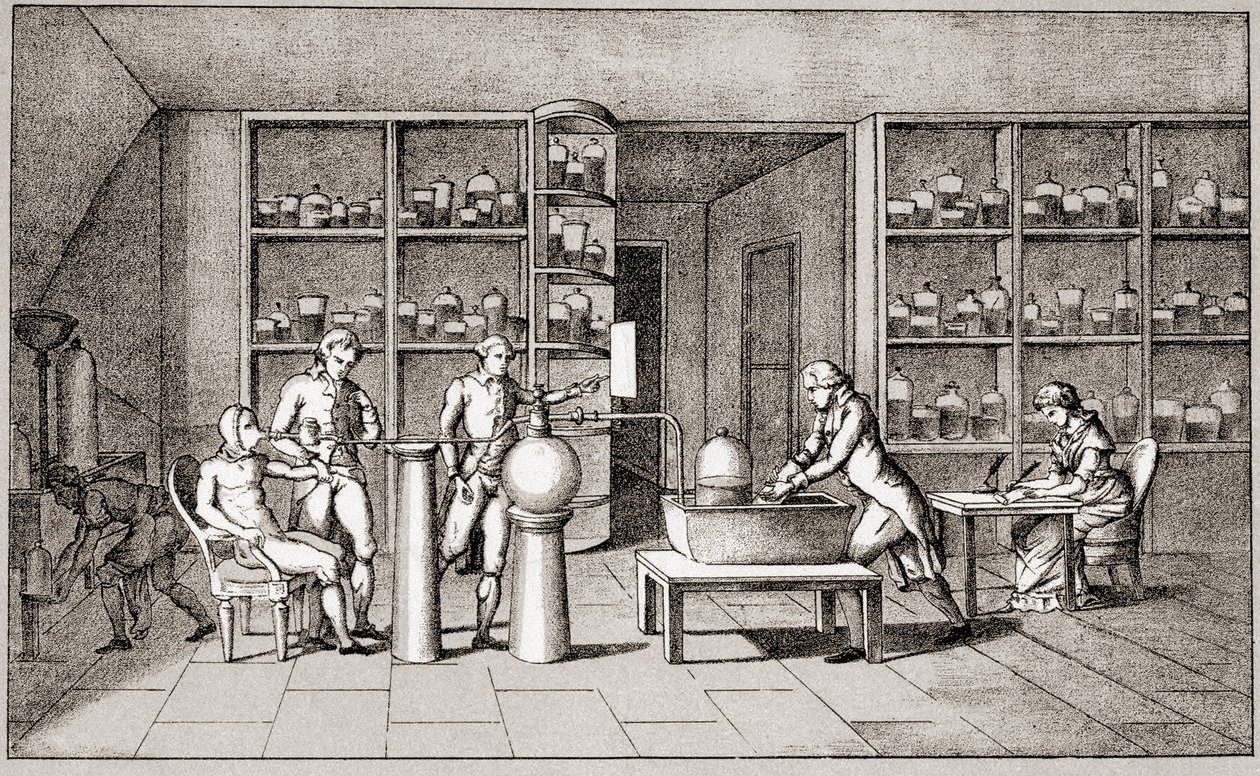 Antoine Laurent de Lavoisier (1743-1794), francia kémikus, aki nyugalmi állapotban lévő ember légzésével kapcsolatos kísérletet végzett. Lavoisier asszony rajza.Párizs 18. század.Leemage gyűjtemény alkotó: Marie Anne Pierrette Lavoisier