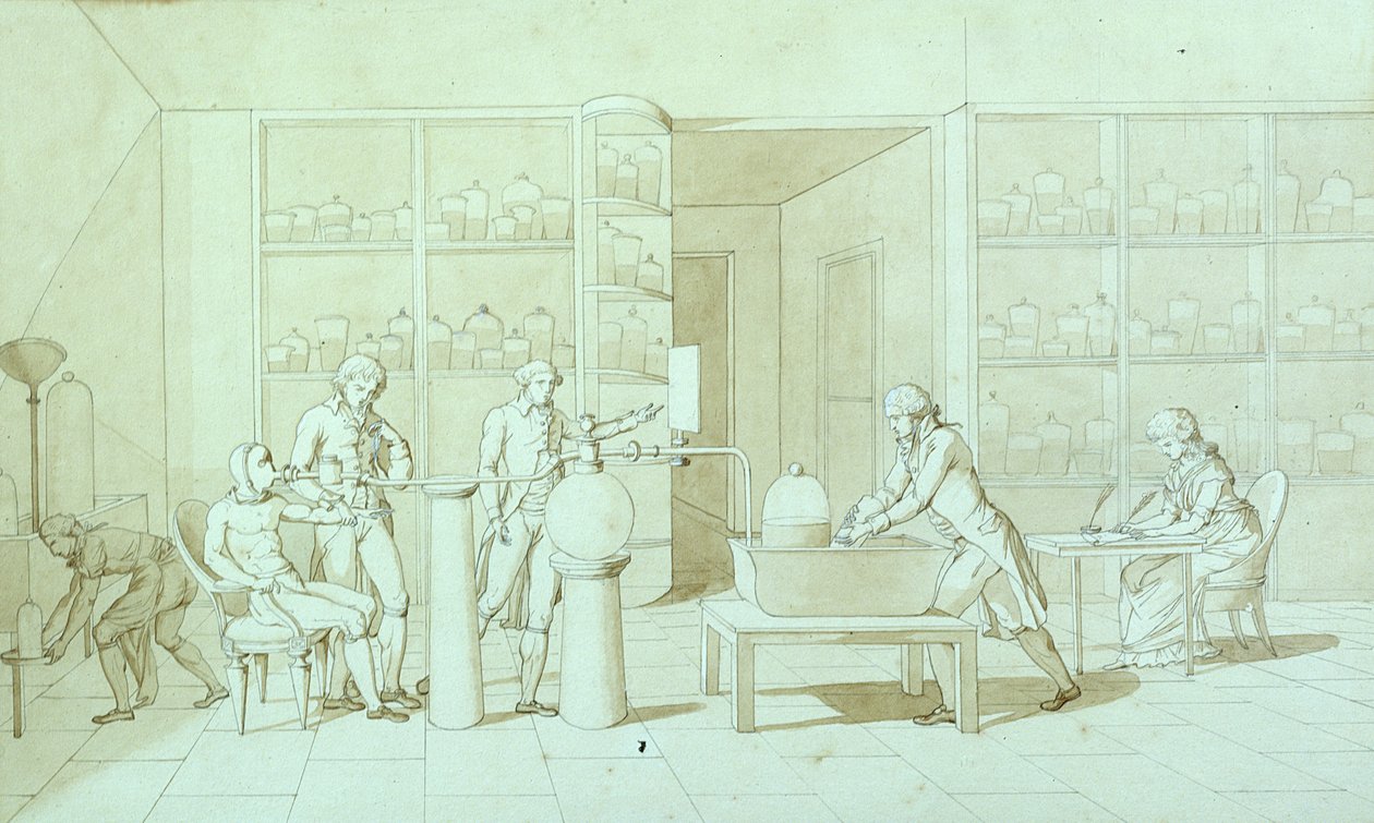 Antoine Lavoisier (1743-94) és kísérletei a légzéssel (toll, tinta és szépia mosás papíron) alkotó: Marie Anne Pierrette Lavoisier