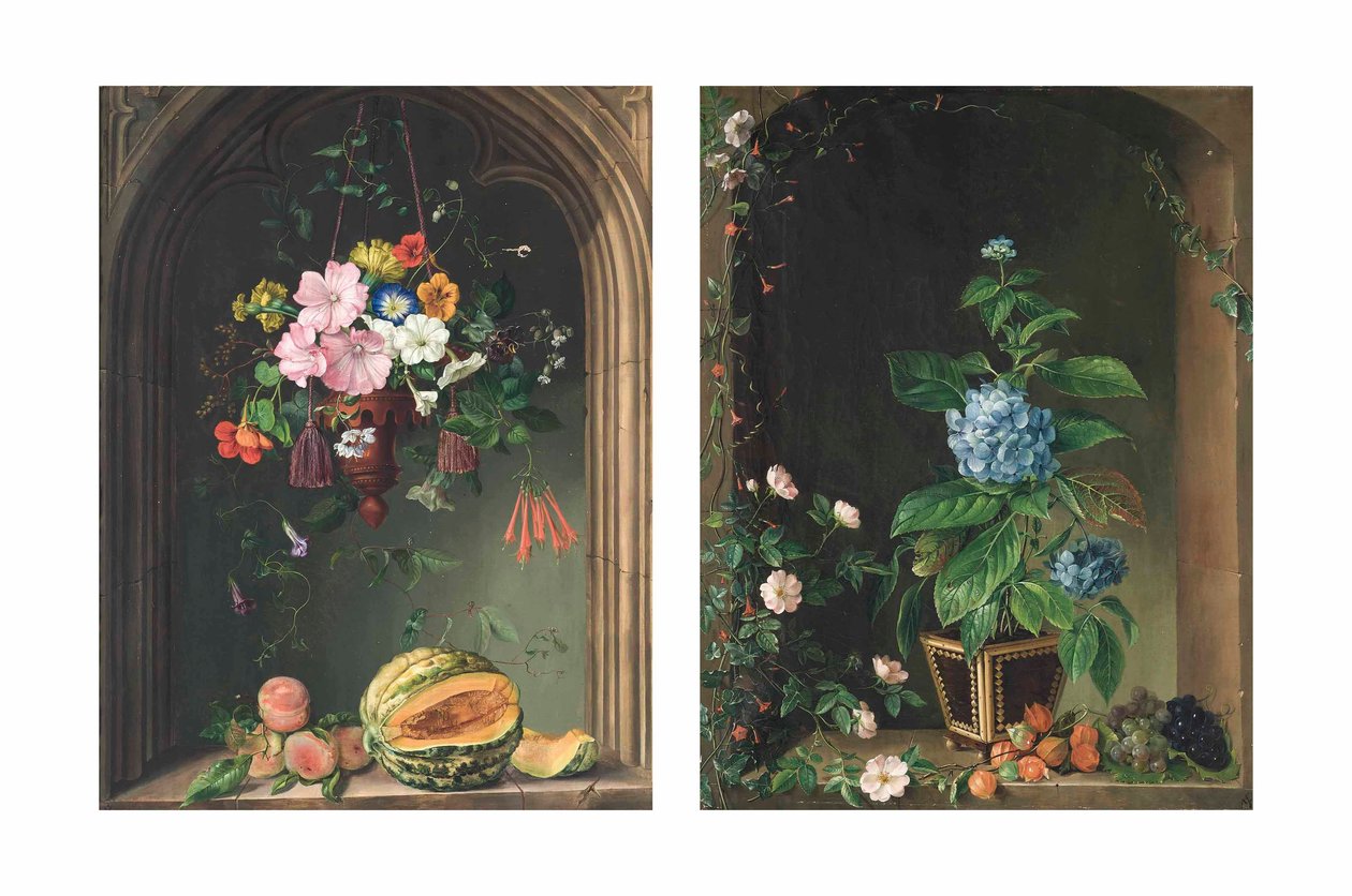 Nasturtium, convolvulus, muskátli, petúnia és más virágzások egy őszibarack és egy dinnye feletti ív alatt felfüggesztett kancsóban; és hortenzia, rózsa, borostyán, szőlő és egyéb virágok ívben (olaj, vászon) alkotó: Marie Auersperg