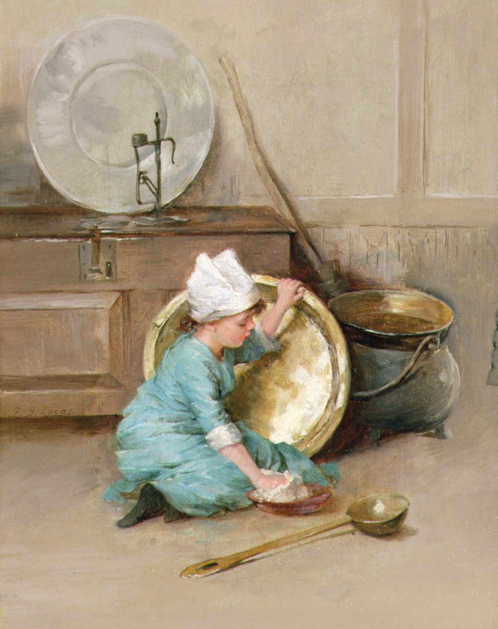 Sárgaréz polírozása, 1900 körül (olaj, tábla) alkotó: Marie Elizabeth Seymour Lucas