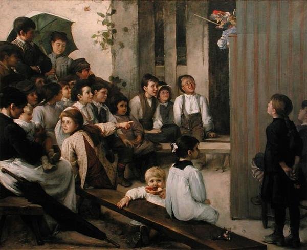 Guignol a faluban (olaj, vászon) alkotó: Marie Mrs Dujardin Beaumetz Petiet