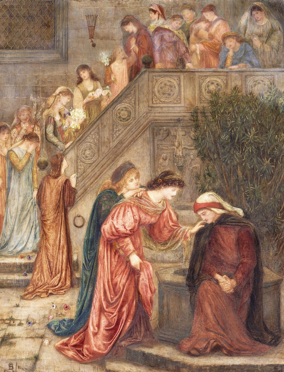 Társának bizonyos hölgyei Beatrice-hez gyűltek, amikor egyedül maradt sírva, és ahogy ki-be járkáltak, hallottam, hogy beszélnek róla. alkotó: Marie Spartali Stillman