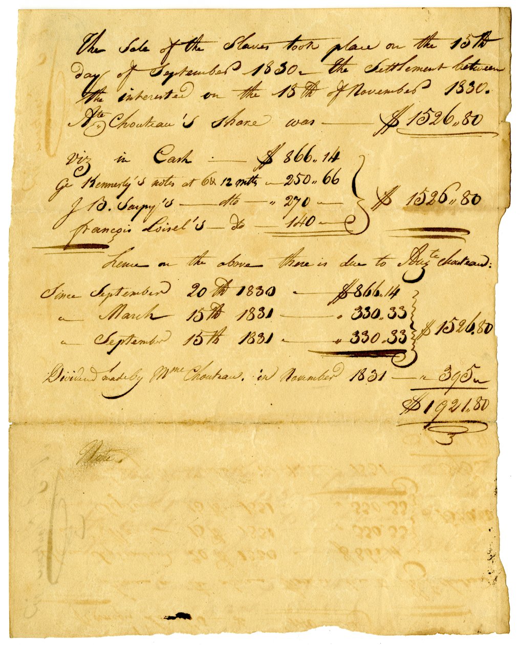 Dokumentum a rabszolgák és részvények eladásáról különböző személyek számára, 1831. november alkotó: Marie Therese Cerre Chouteau