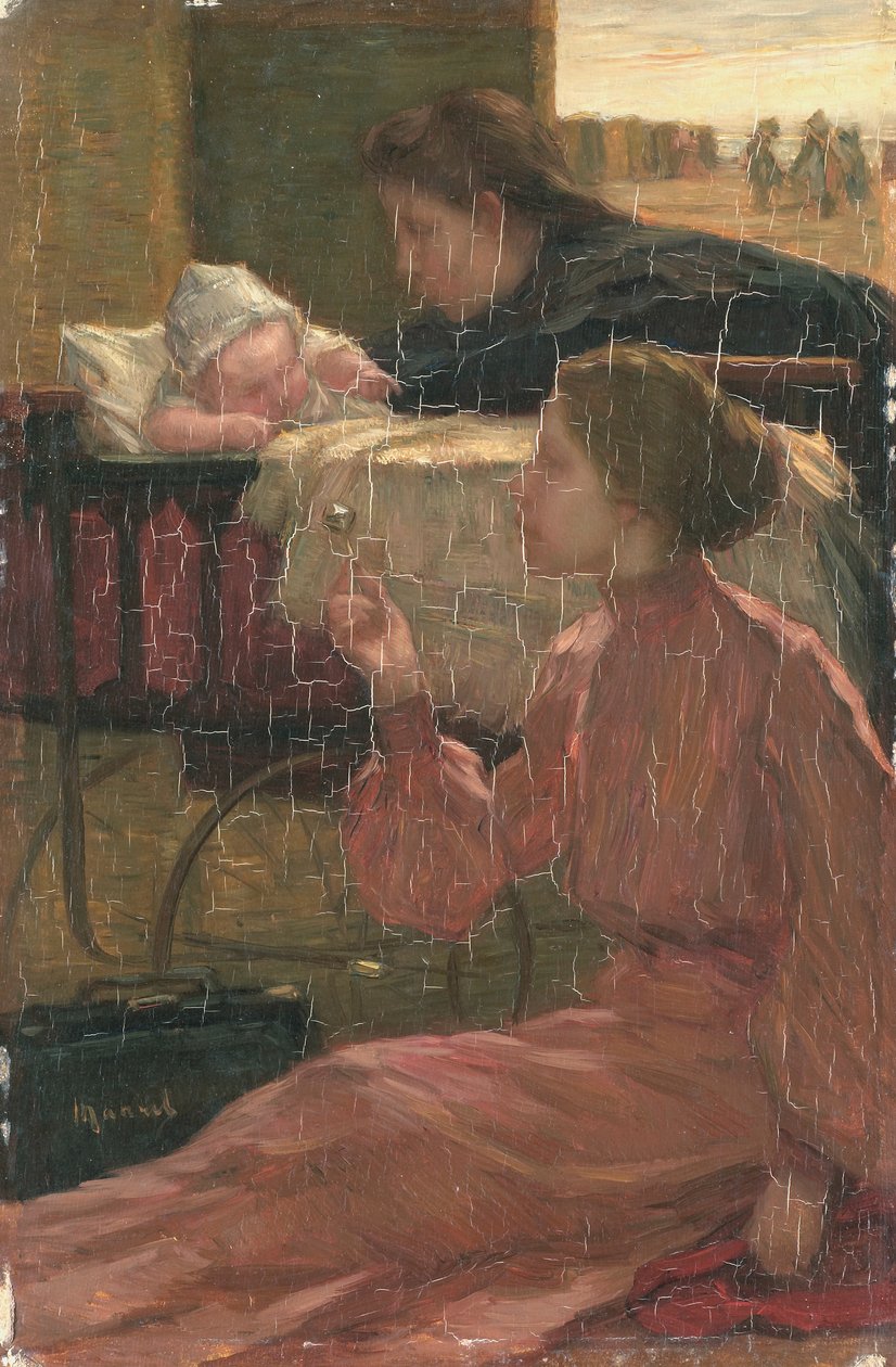 A babakocsinál a tengerparton alkotó: Marinus der van Maarel