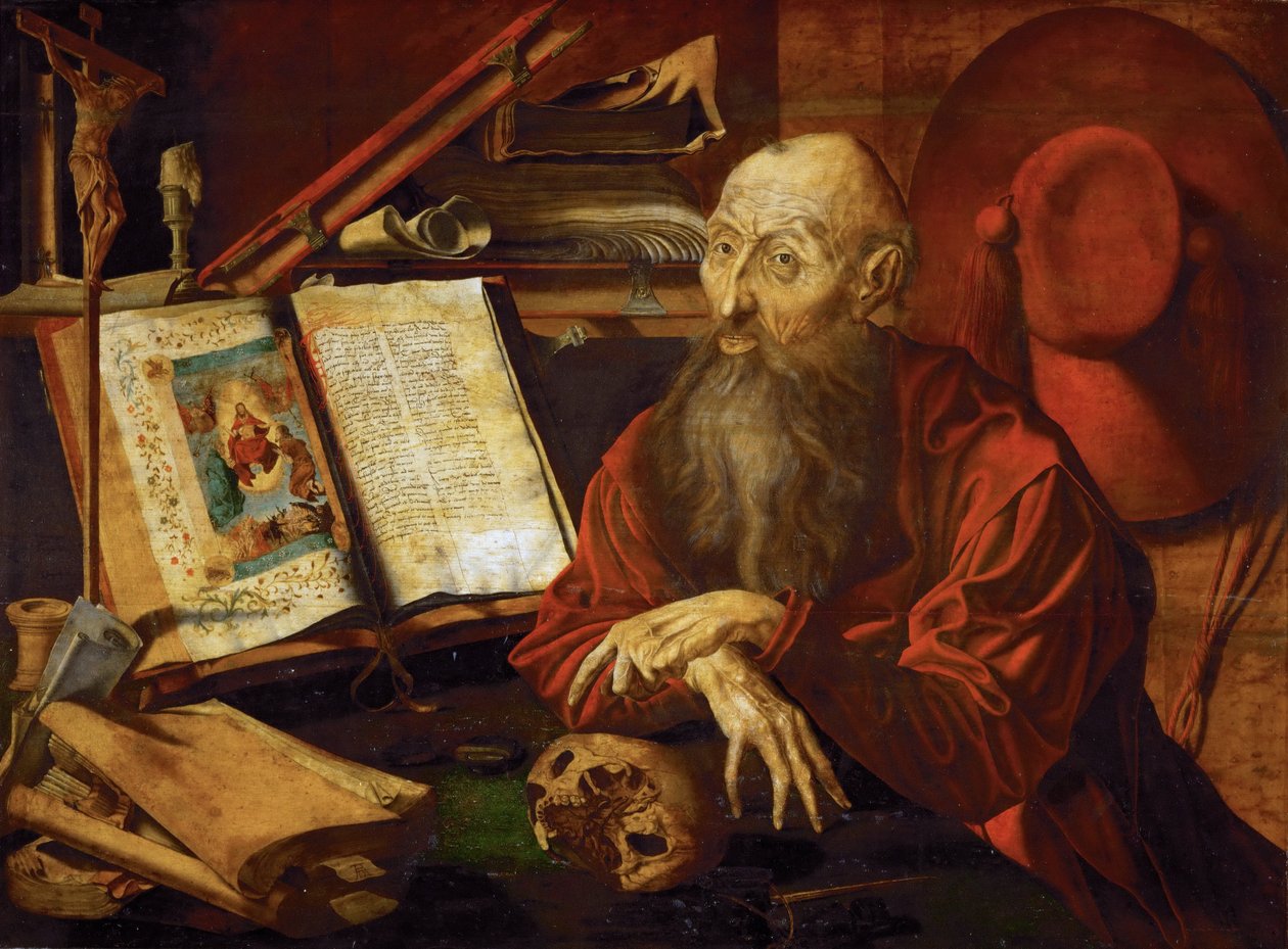 Szent Jeromos dans sa cellule – Szent Jeromos cellájában, Reymerswaele, Marinus Claesz, van (kb. 1490-1567 után). Olaj, fa, kb 1545. Mérete: 80x108 cm. Művészettörténeti Múzeum, Vienne alkotó: Marinus van Reymerswaele