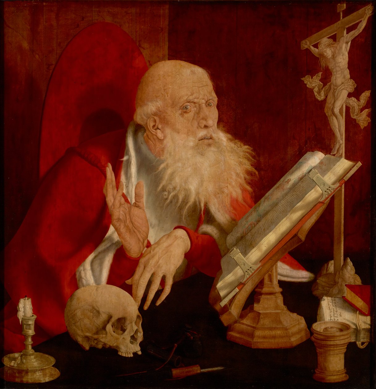 Szent Jeromos dans sa cellule – Szent Jeromos cellájában, Reymerswaele, Marinus Claesz, van (kb. 1490-1567 után). Olaj, fa, kb 1545. Méretek: 84,3x82,5 cm. Brukenthal Nemzeti Múzeum, Nagyszeben alkotó: Marinus van Reymerswaele