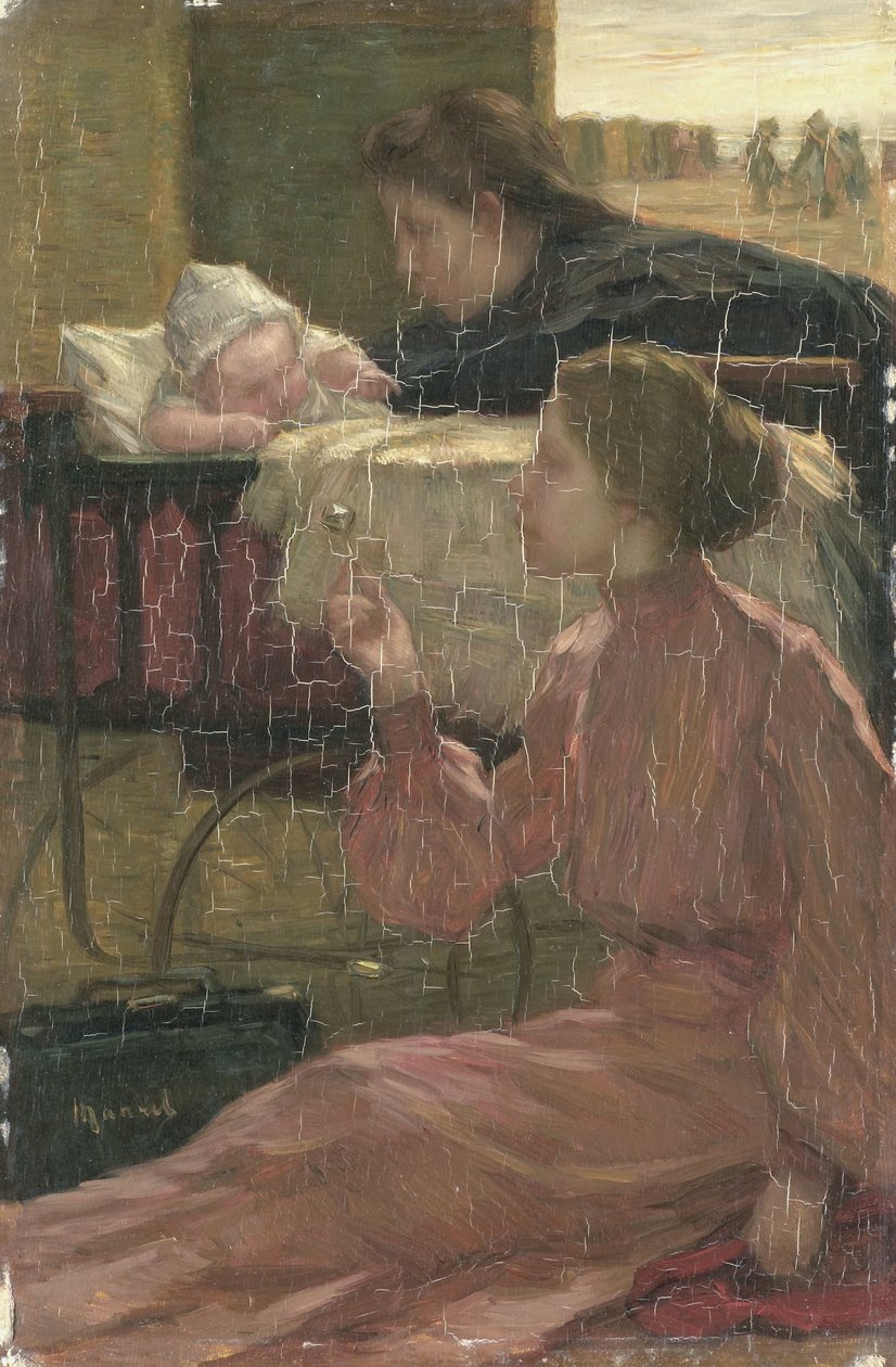 A babakocsi mellett a strandon alkotó: Marinus van der Maarel