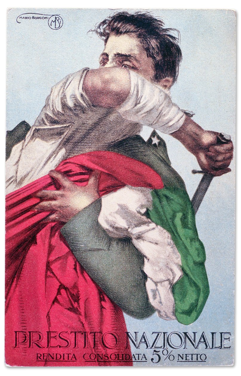 Egy olasz katona kivont karddal védi a trikolórt. Propagandapostai levelezőlap a Nemzeti Hitelért, 1915-18 körül (képeslap) alkotó: Mario Borgoni