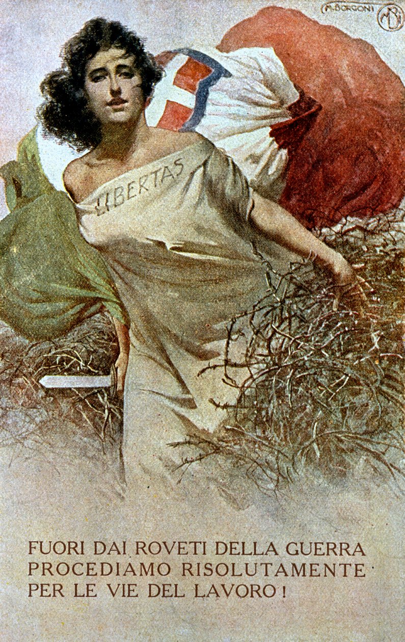Az első világháború igája alól felszabadult Olaszország allegóriájának rajza. (színes litó) alkotó: Mario Borgoni