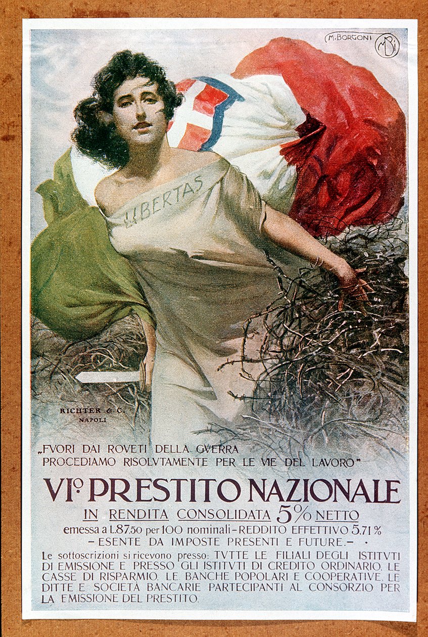 Olasz allegorikus illusztráció a Nemzeti Hitelről, 1918 körül (plakát) alkotó: Mario Borgoni