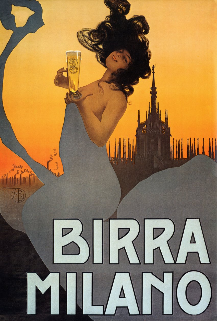 Birra Milano, Olaszország, 1900 körüli plakát (színes lito) alkotó: Mario Borgoni