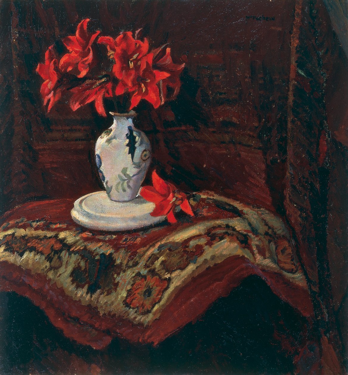 Szőnyeg és váza vörös liliomokkal, Mario Puccini (1869-1920), olaj, vászon, 64x59 cm. alkotó: Mario Puccini