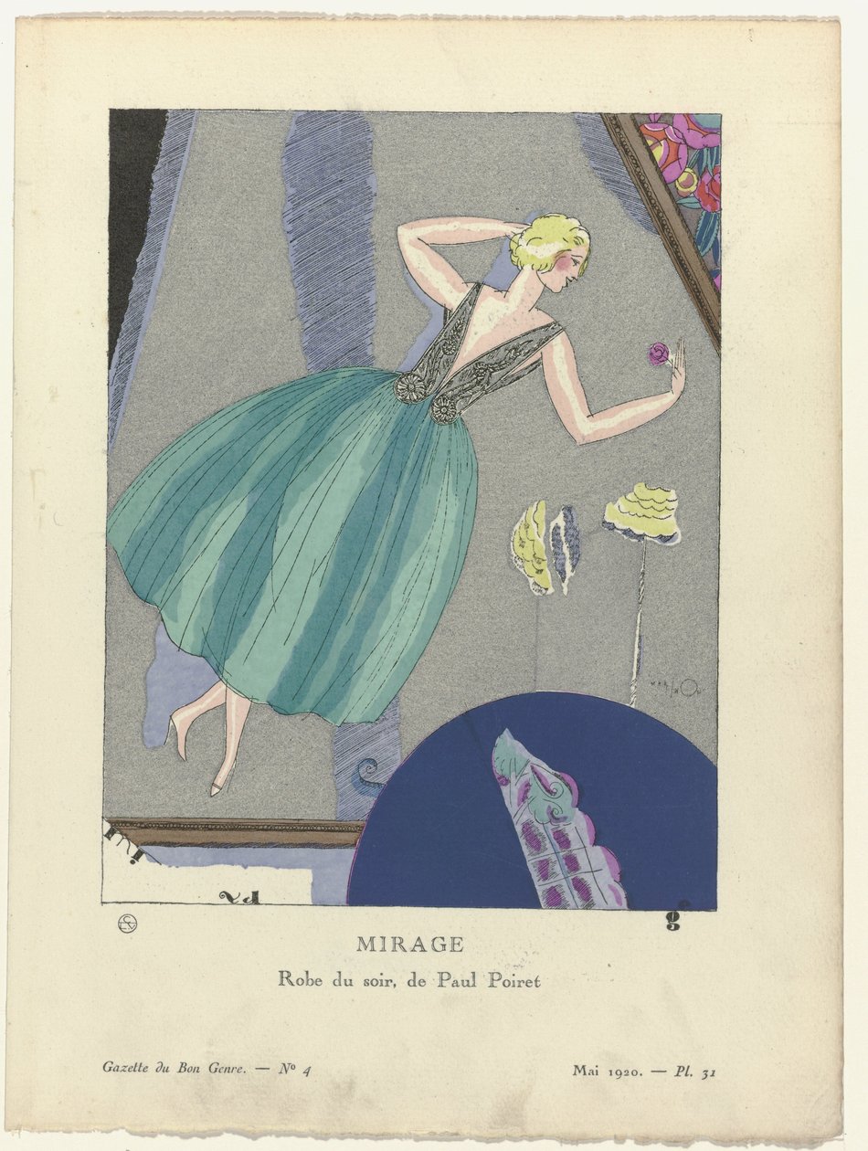 Gazette du Bon Ton, 1920 - 4. sz., Pl. 31: Mirage. / Estélyi ruha, szerző: Paul Poiret. (cím a tárgyon) alkotó: Mario Simon