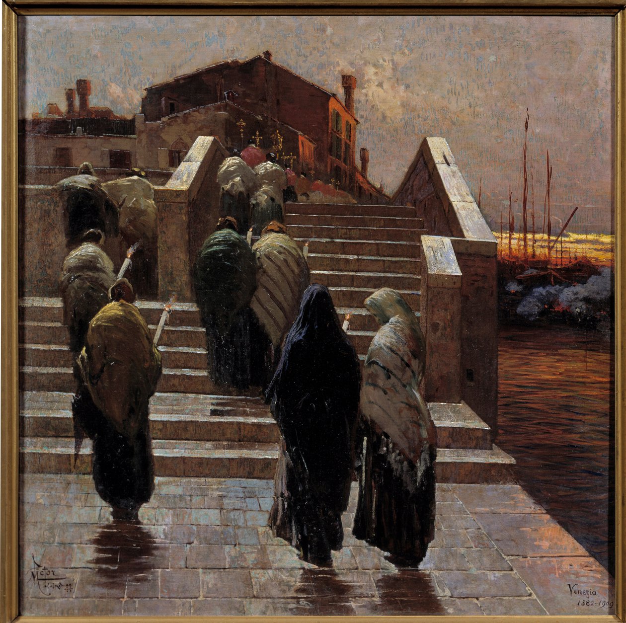Piros este, jó idő remény Női menet (gyász?) Átkelés a folyón - Mario De Maria (Marius Pictor) festménye (1853-1924) 1882 V 0,7x0,69 m Párizs, Musee d