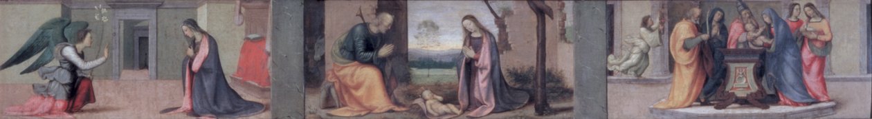 Az Angyali üdvözlet; A születés; Az előadás a templomban, predella panel: Szent Erzsébet látogatása a Madonnánál, 1503 (panel) (lásd még: 50335) alkotó: Mariotto Albertinelli