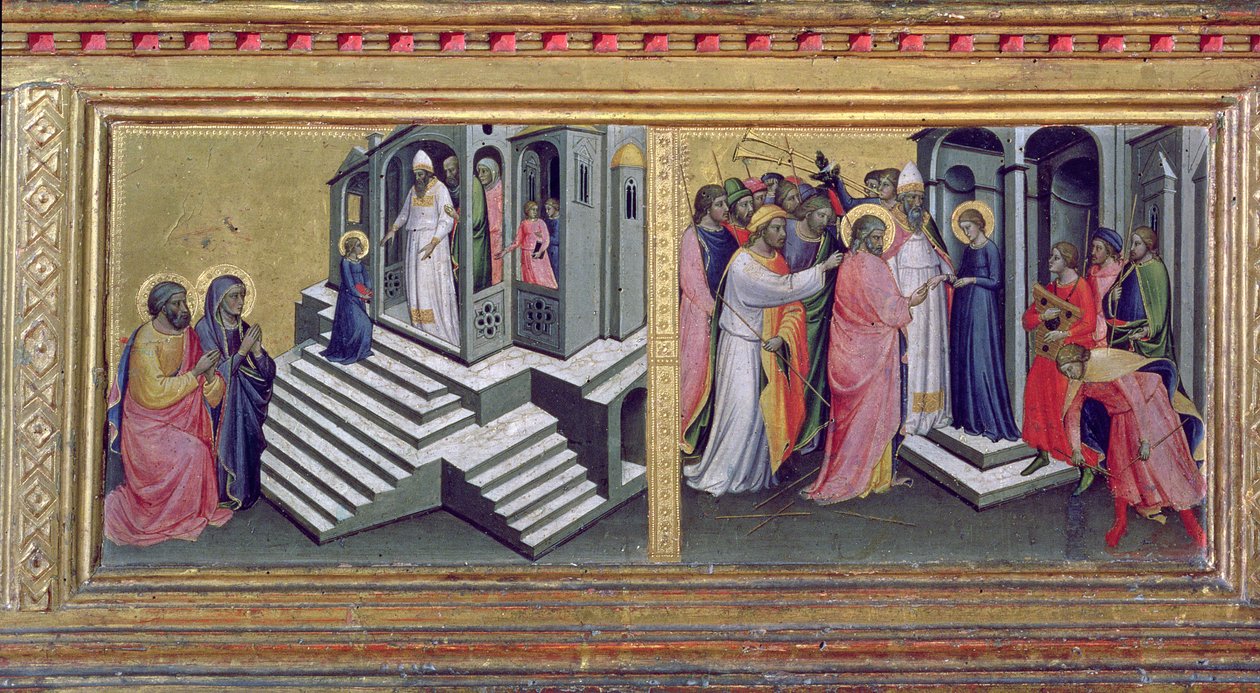 Madonna és gyermek a szentekkel, a predella részlete, amely a templomi bemutatást és a Szűz tempera házasságát ábrázolja a 80340-es panel részletén alkotó: Mariotto di Nardo