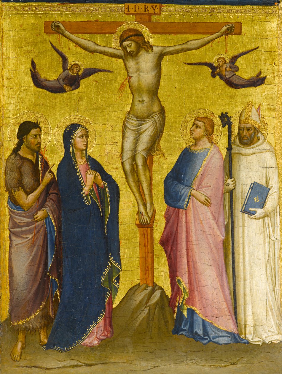 Keresztrefeszítés Keresztelő Szent Jánossal, a Szűzanyával, Szent János evangélistával és egy karthauzi szenttel, 1385-1390 körül (tempera és levélarany, tábla). alkotó: Mariotto di attr.to Nardo