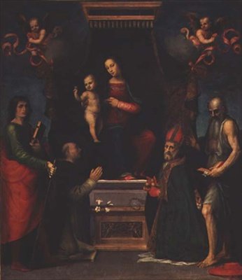 Madonna és gyermeke Szent Juliánnal, Szent Domonkossal, Bari Szent Miklóssal és Szent Jeromossal alkotó: Mariotto Albertinelli