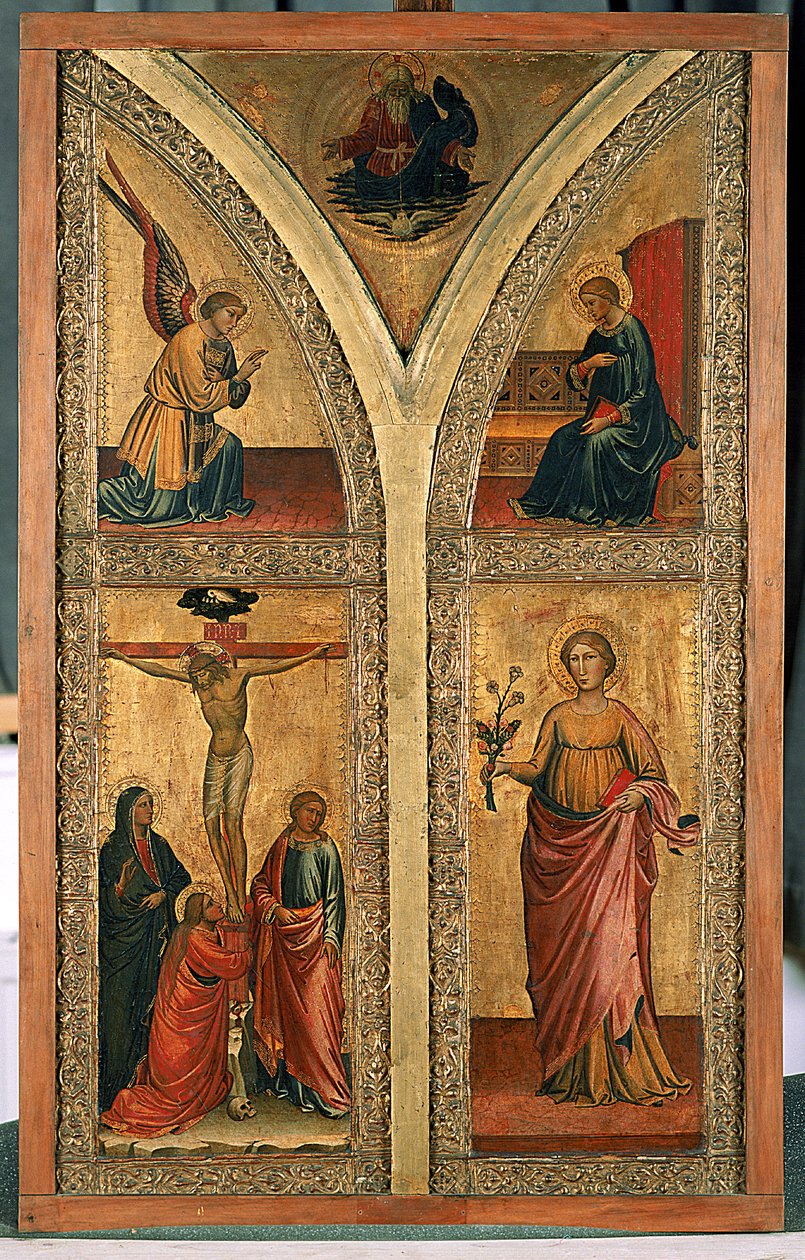 A keresztre feszítést, Szent Dorottyt és más szenteket ábrázoló oltárszárny, 1420 körül (tempera nyárfán) alkotó: Mariotto di Nardo