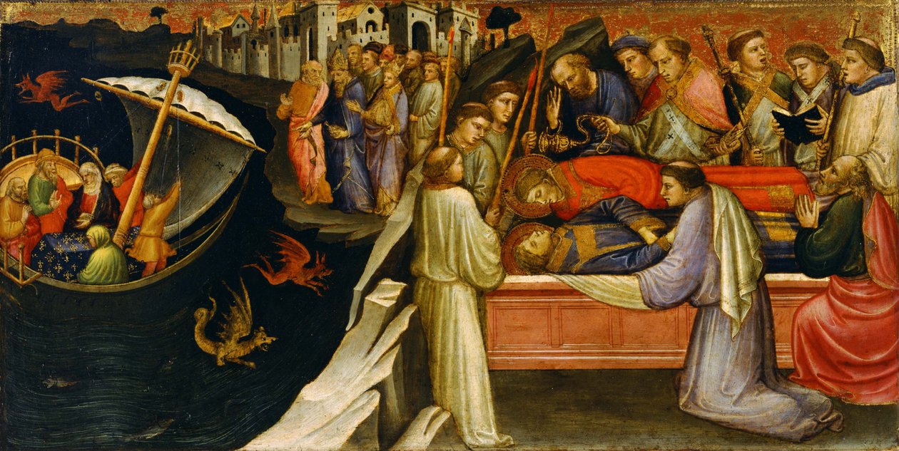 Predella-panel, amely jeleneteket ábrázol Szent István legendájából, 1408 alkotó: Mariotto di Nardo