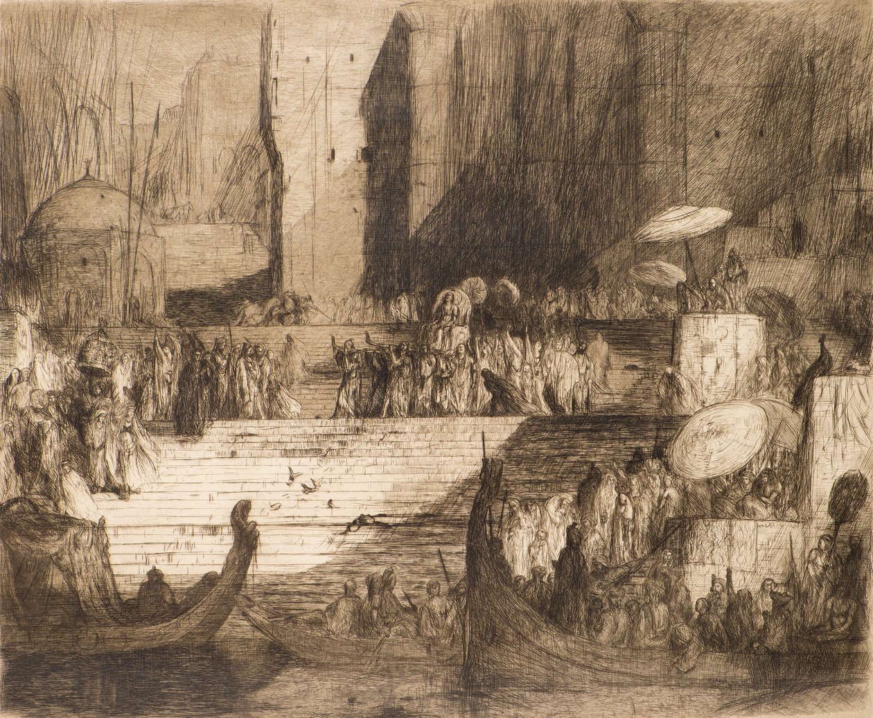 Temetési szertartás a Gangesznél (rézkarc) alkotó: Marius Alexander Jacques Bauer
