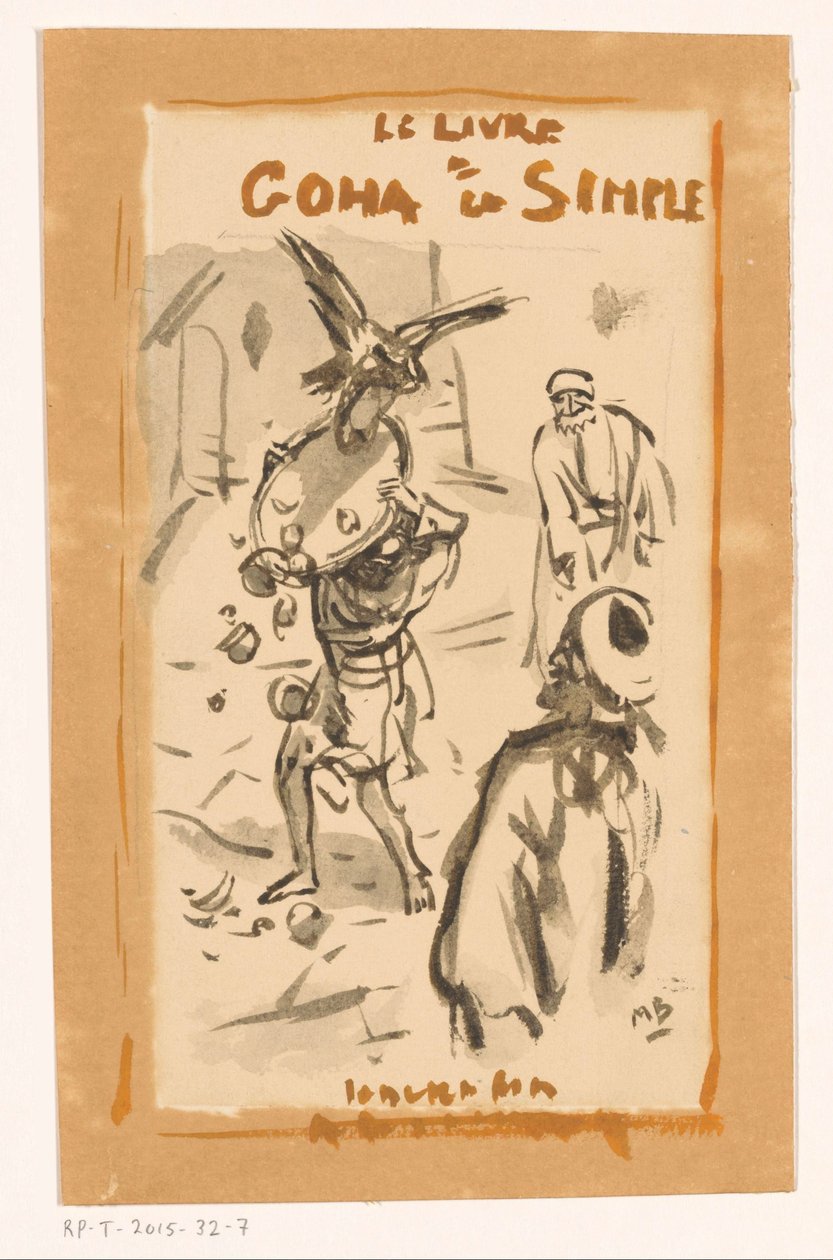 Férfi tálcával megtámadta egy ragadozó madár Le livre Goha le Simple (cím a tárgyon) alkotó: Marius Bauer (signed by artist)