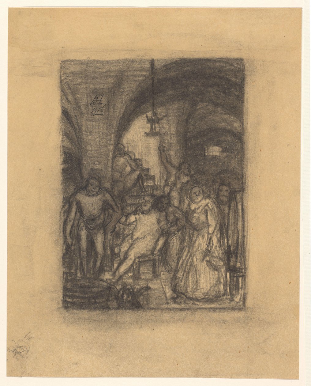 Találkozó, esetleg Bacchanal, egy boltíves teremben alkotó: Marius Holleman (signed by artist)