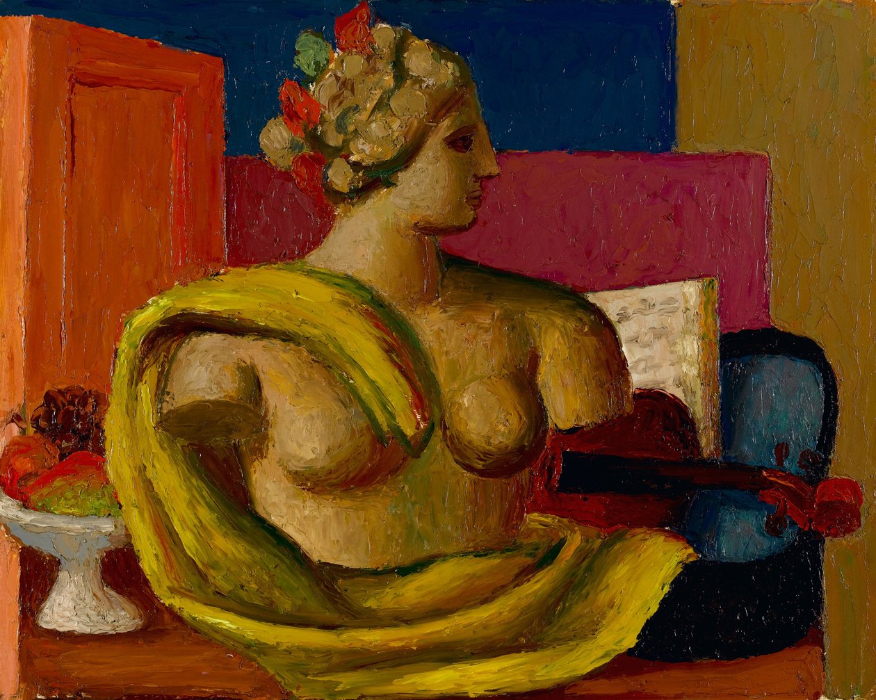 Hegedű és mellszobor, 1934 körül (olaj, malomdeszka) alkotó: Mark Gertler