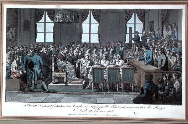 VII. Pius pápa látogatása a párizsi Vakok Intézetében, amelynek vezetője Bertrand úr, Valentin Hauy (1745-1822) utódja, 1805. február 28. (színes metszet). alkotó: Marle Marle