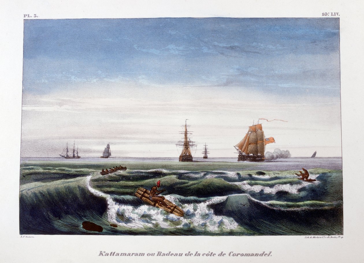 Egy tutaj Coromandel partjainál, Indiában, 1828. alkotó: Marlet et Cie