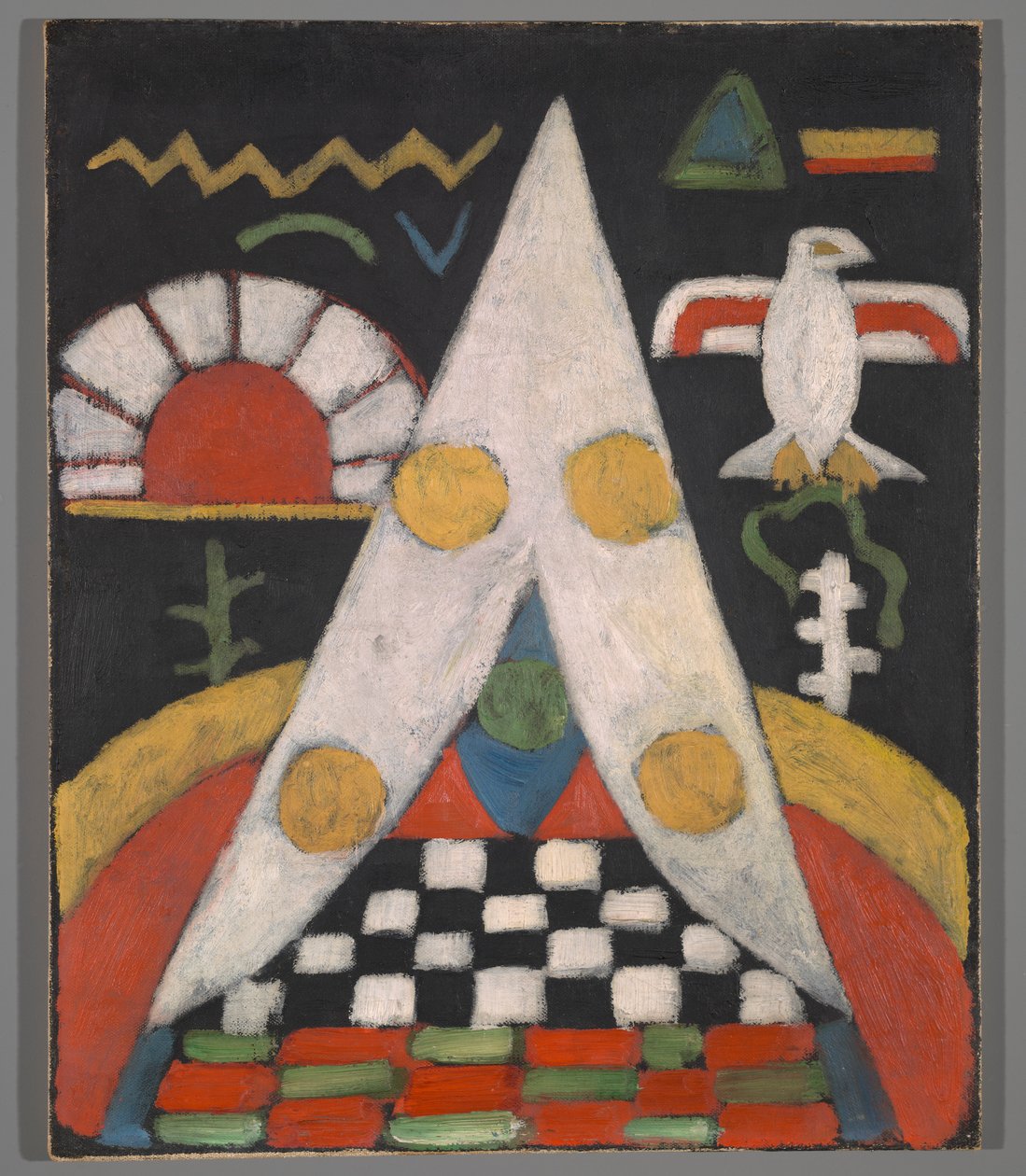 Amerikai indián szimbólumok absztrakt elrendezése alkotó: Marsden Hartley