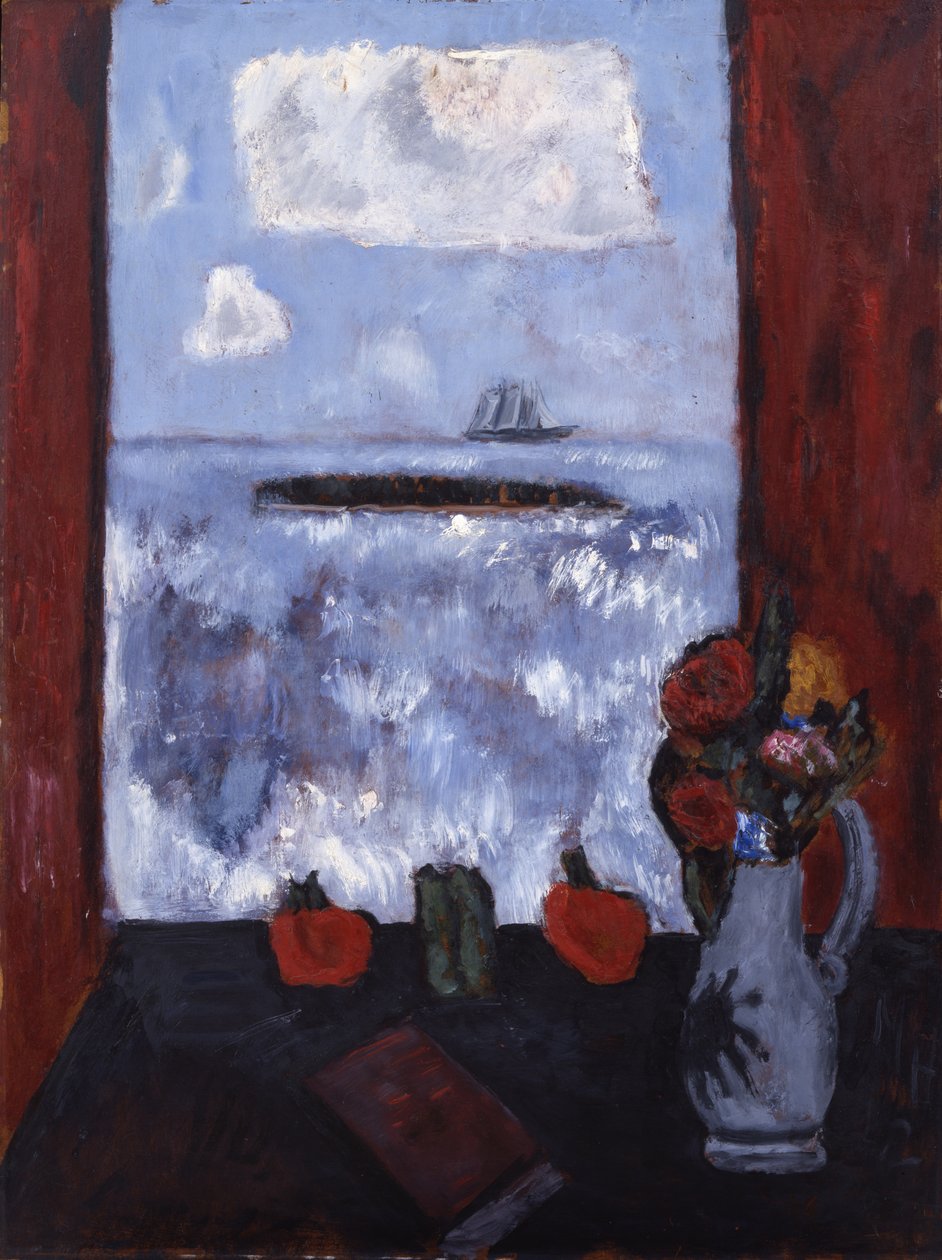 Nyár, tenger, ablak, vörös függöny, 1942 (olaj, masonit) alkotó: Marsden Hartley