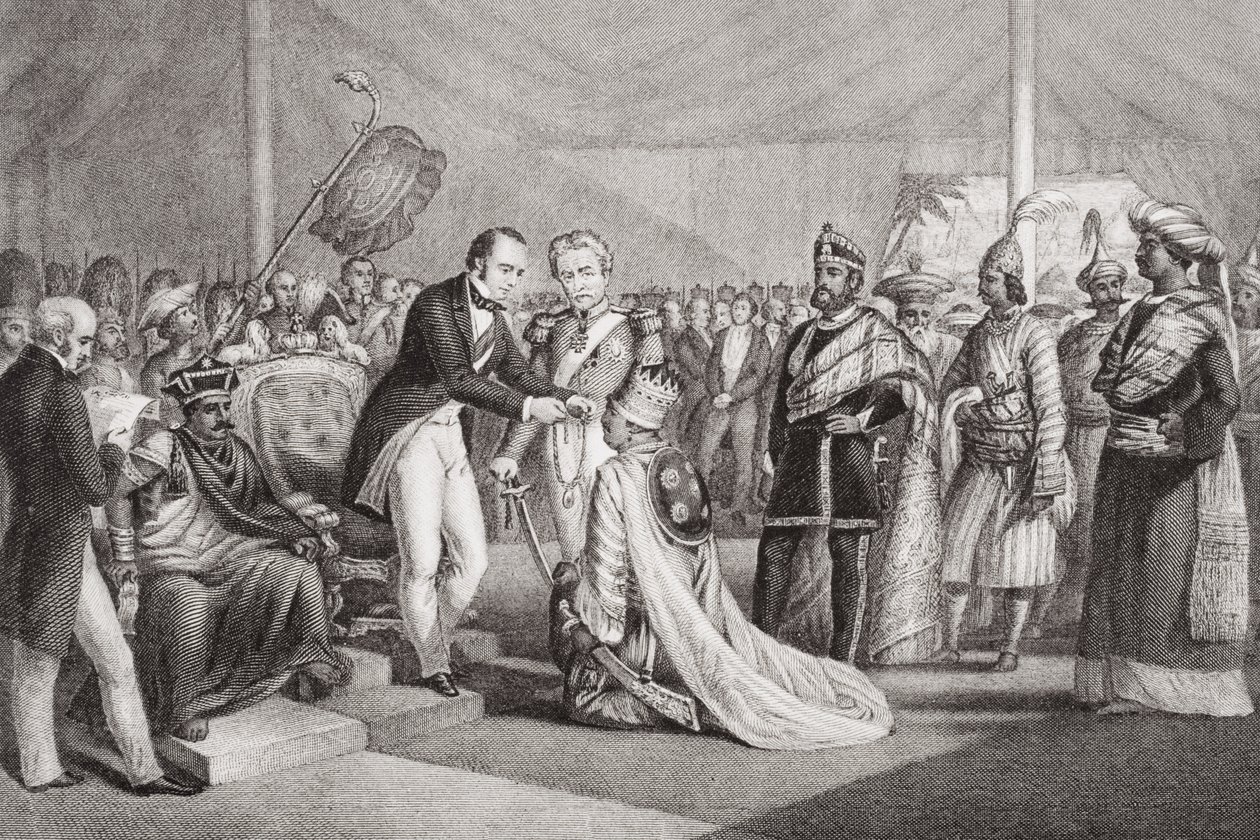 Grand Durbar Cawnpore-ban a Sepoy-lázadás leverése után, 1858, „Az angol és skót történelem illusztrációi” II. alkotó: Marshall Claxton