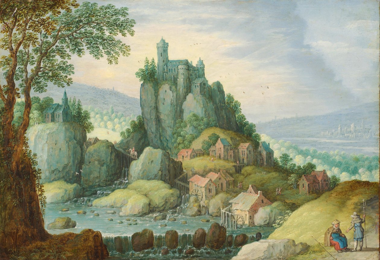 Panoráma tájkép folyóval, sziklás várral és vízimalommal alatta alkotó: Marten Ryckaert