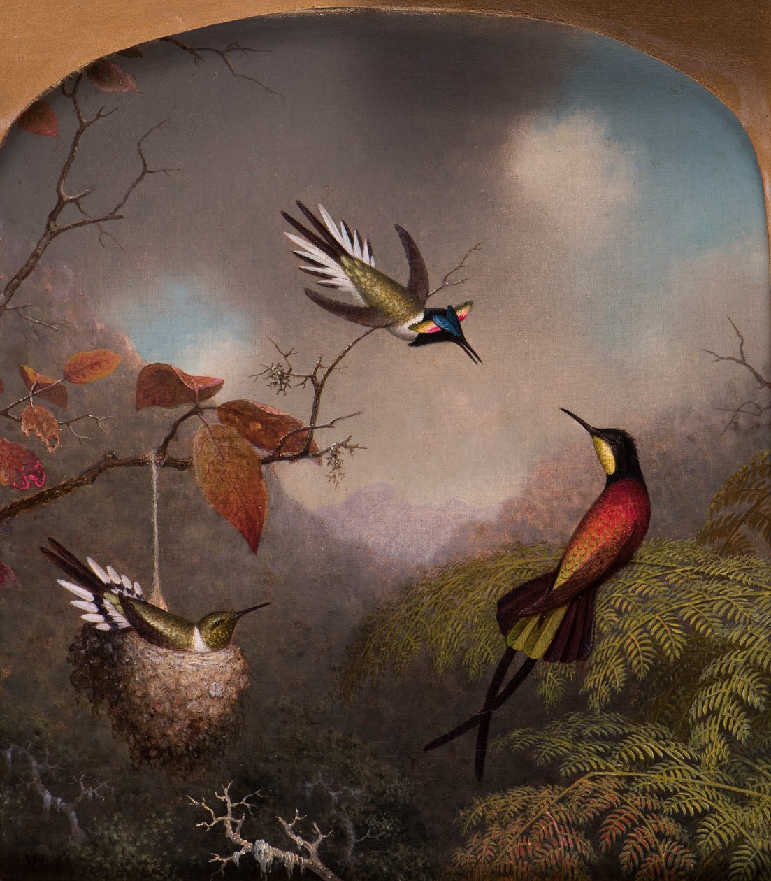 Kolibri: Két "Sungem" és egy "Crimson Topáz", 1866 alkotó: Martin Johnson Heade