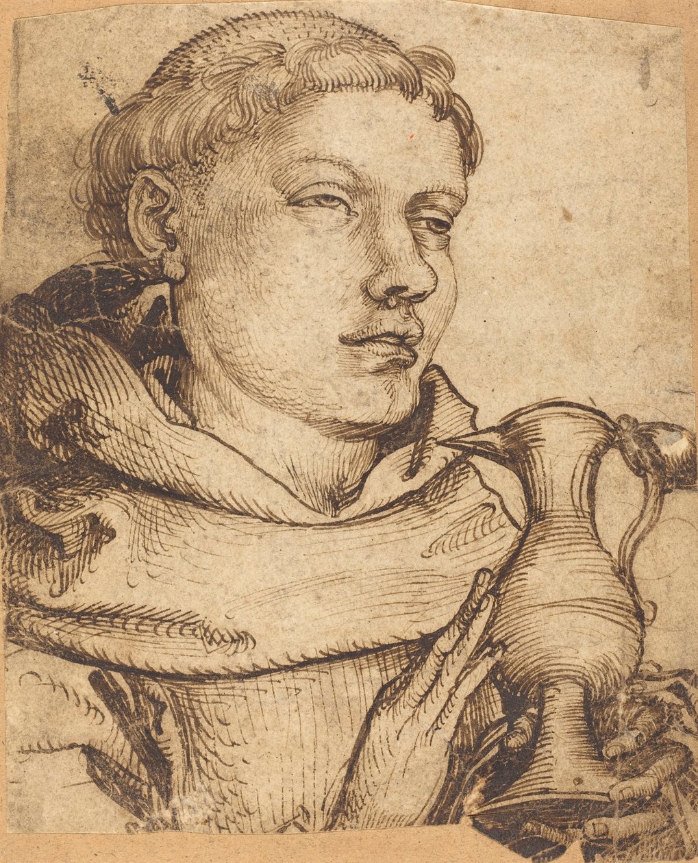 Az úrvacsorán segédkező szerzetes mellszobra alkotó: Martin Schongauer