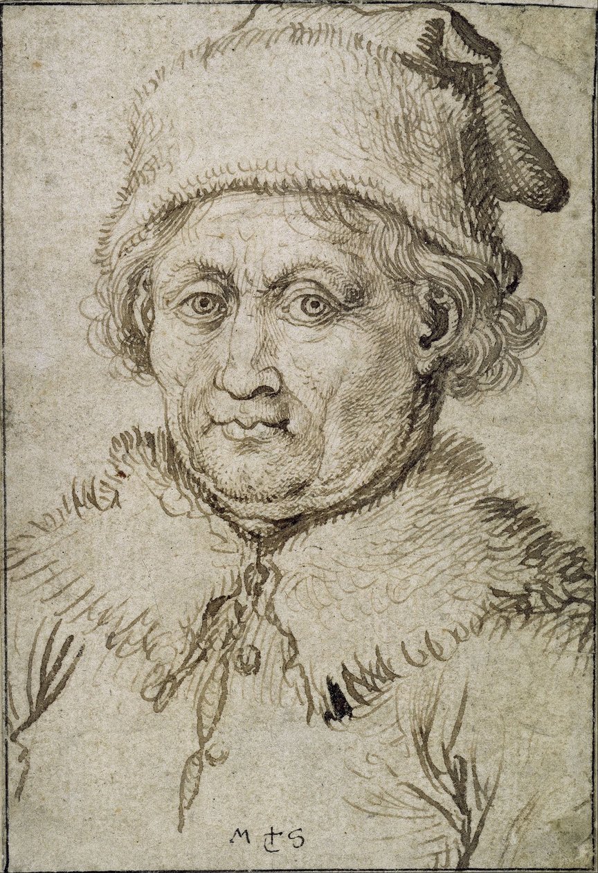 Mellbőségig érő kép egy öregemberről, prémes gallérral és sapkával alkotó: Martin Schongauer