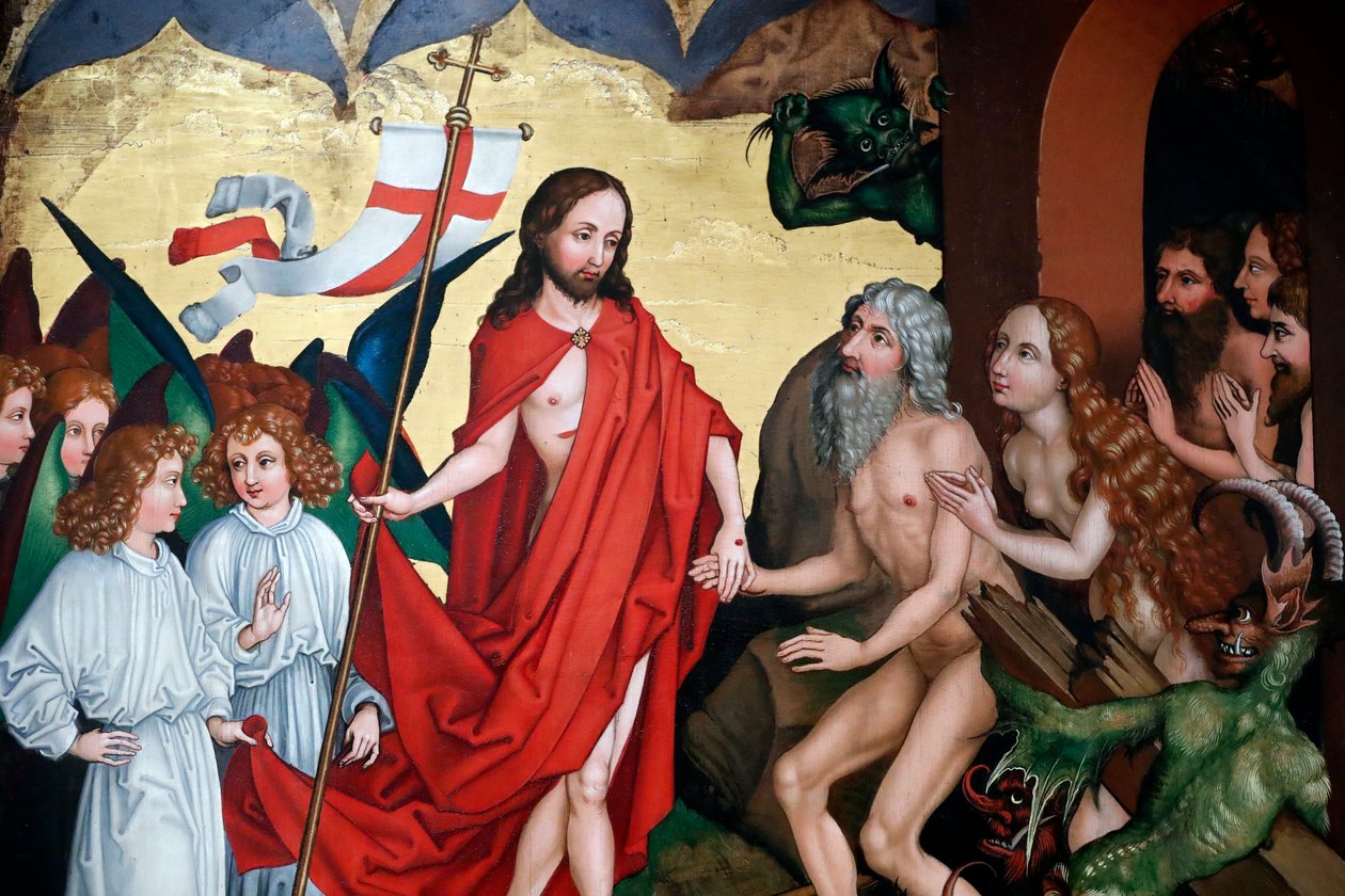 Jézus a feltámadáskor kiemeli Ádámot és Évát a sírból alkotó: Martin Schongauer